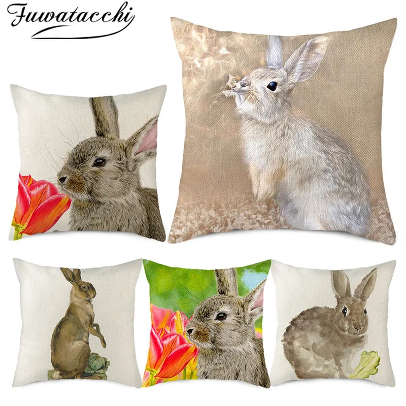 Чехол для подушки Fuwatacchi из чистого льна наволочка с серым рисунком кролика