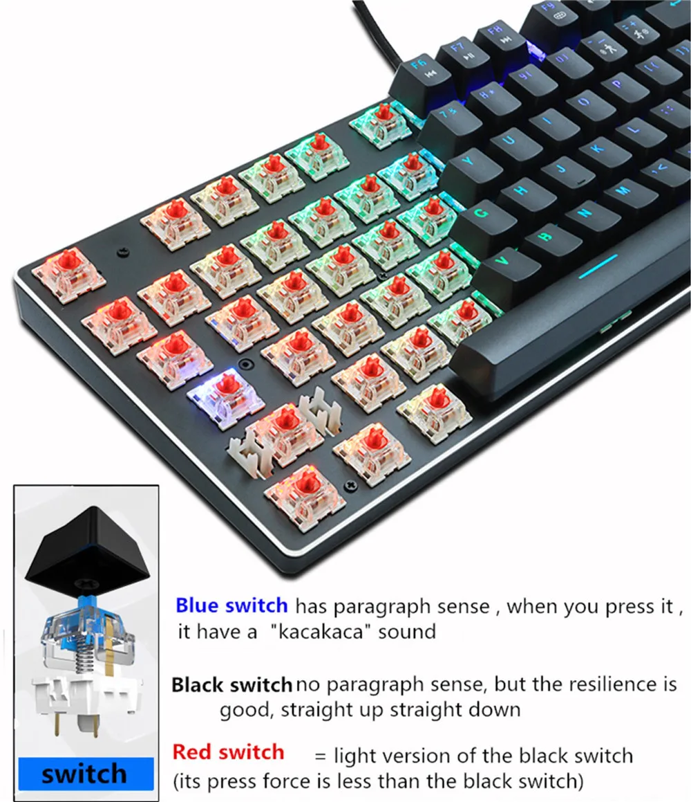 Механическая игровая клавиатура RU/US синий красный переключатель 87key проводная Anti