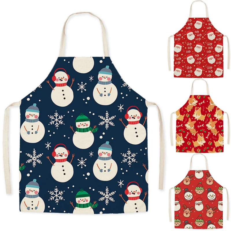 

Christmas Deer Printed Cleaning Apron Cotton Linen Adult Bibs Coffee Pinafore Home Cooking Santa Claus Kitchen Apron