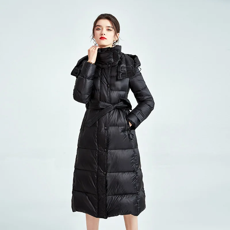

Luxury Feather Puffer Jacket Women Down Coats Hooded Winter Gold Big Hood Parka Shot Duck Bubble Coat Black Belted Long Sashes