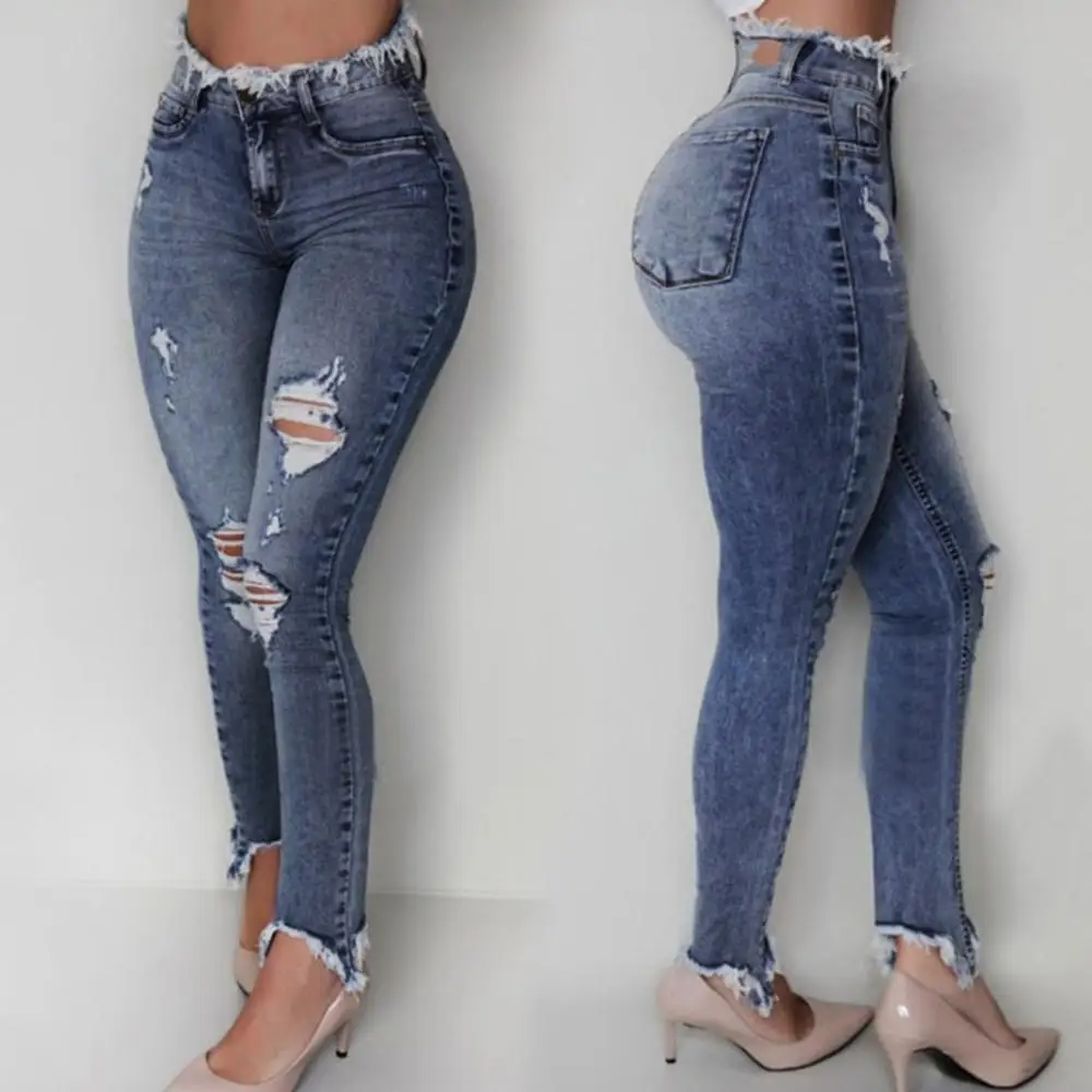 

Women Long Jeans Denim Sexy Slim Ripped Hole Raw Edge Washed Regular Pant Femme High Waist Pants Mom Jeans Woman