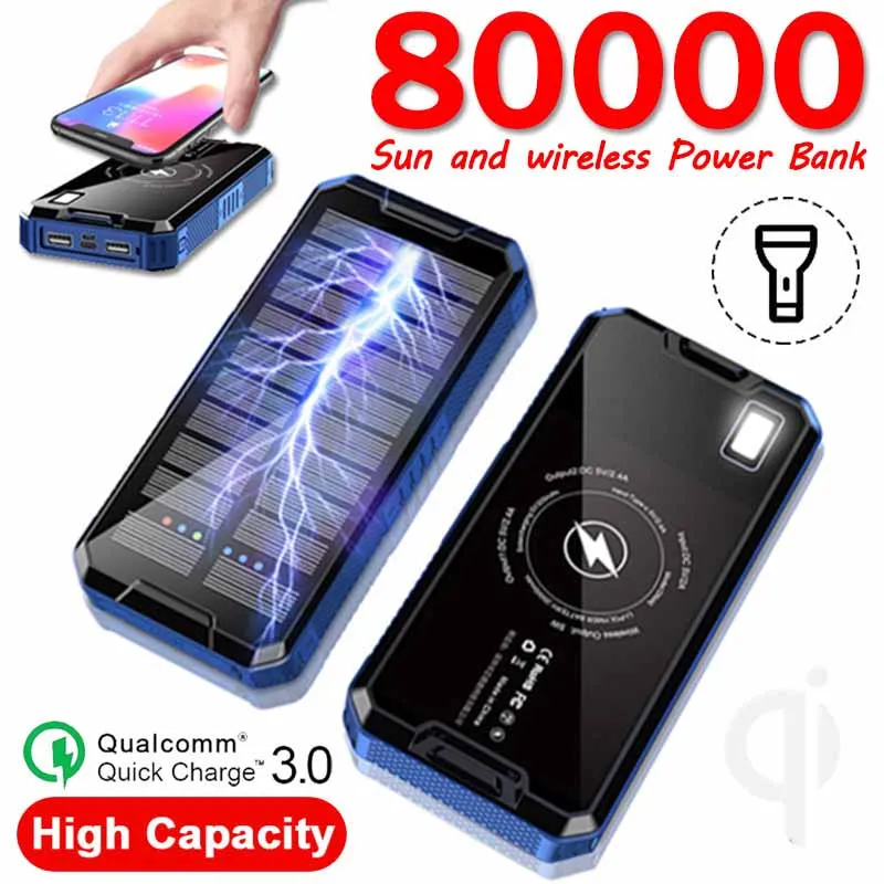 Solar Wireless Charging Battery Power Bank 80000 mA Panel External Charger Portable for iPhone Samsung Huawei | Мобильные телефоны