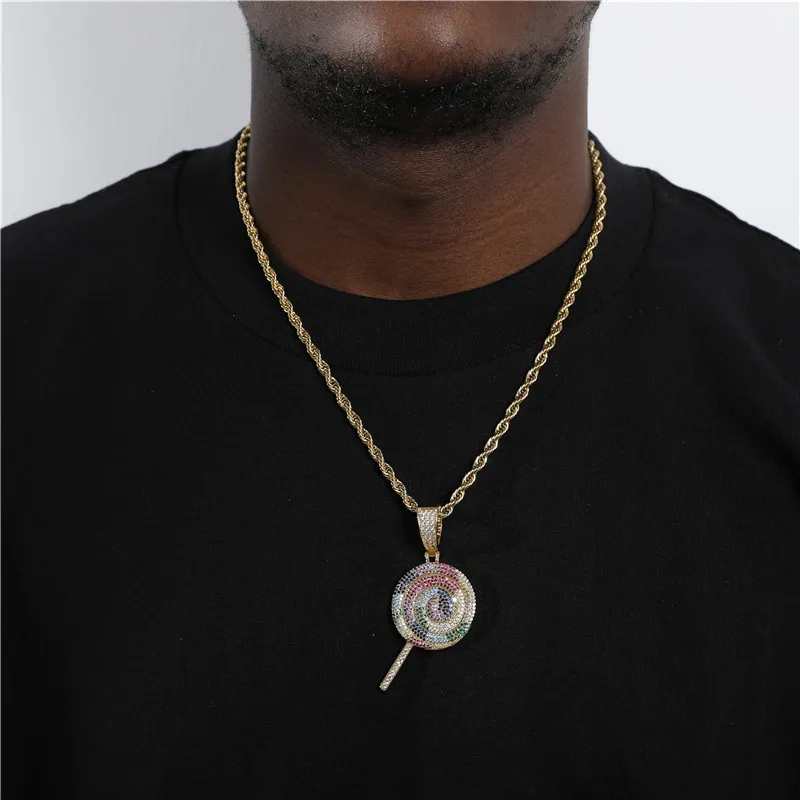 

Hip Hop Bling Iced Out Cubic Zirconia Stone Copper Multicolor Lollipop Necklaces Pendant With 4MM Tennis Chain Men Charm Jewelry