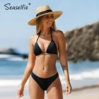 Женский купальник-бикини SEASELFIE, треугольный купальник с заниженной талией, халтер, пикантный черный купальник-стринги, комплект из двух предметов, 2021