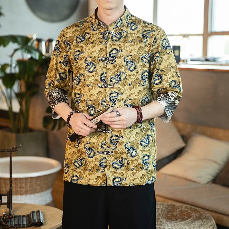 

Traditional Chinese Clothing For Men Vintage Mandarin Collar Linen Shirts Tang Suit Hanfu China Style Top New Year Clothes