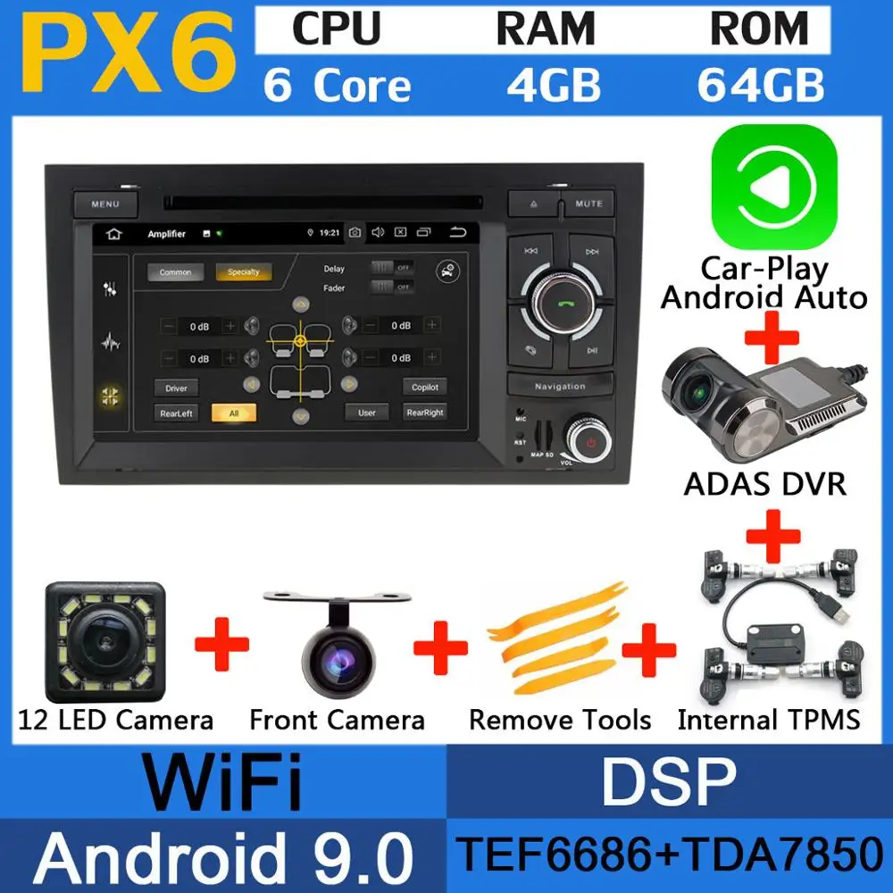 PX6-CarPlay-ADAS-TMS PX6 Восьмиядерный Android 9,0 4G+ 64G 5 USB для Audi A4 2002-2008 S4 RS4 B9 B7 SEAT EXEO 2009-2012 автомобильный радиоприемник стерео gps навигация - Цвет: PX6-CarPlay-ADAS-TMS