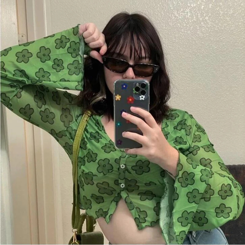 

Sexy Crop Tops Women Sheer Mesh See through Flower Print Long Sleeve Slim Low Neck Transparent Sweet Tees Clubwear
