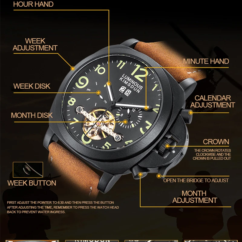 Mens Retro Watches Automatic Mechanical Watch Tourbillon Clock Genuine Leather Waterproof Wristwatch Top Brand montre homm | Наручные