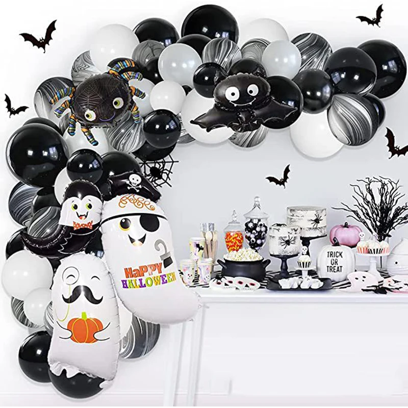 

122pcs Sliver Black Latex Balloons Garland Kit Halloween Party Decoration White Ghost Spider Bat Foil Ballon Birthday Supply