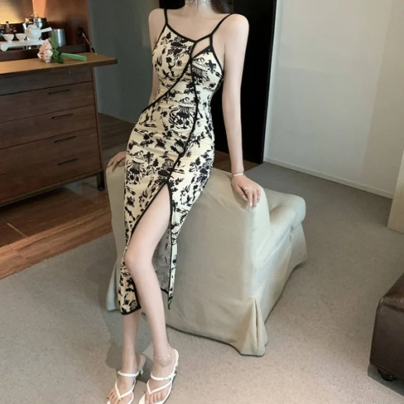 

2021 летнее платье повседневное Модное Элегантное печати улучшенная Cheongsam разрез до талии поясом сексуальные ягодицы французский Сексуальна...