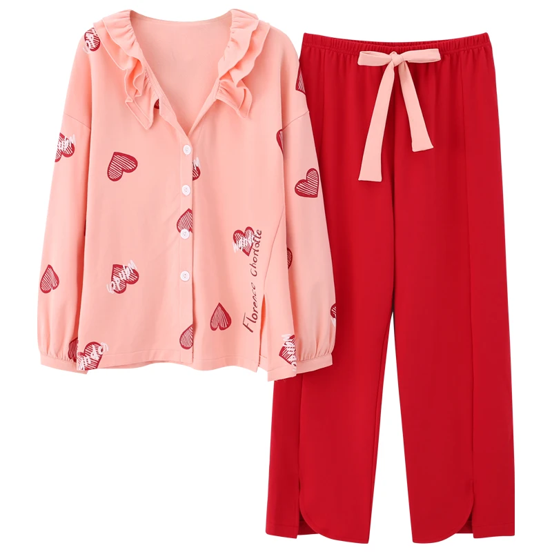 

JRMISSLI Love Heart Loungewear Women Fall New Pajama Women Pure Cotton Cartoon Cute Housewear Loose Long Sleeve Suit
