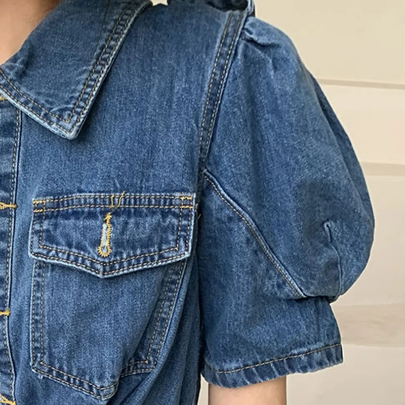 

Blue Casual Dress For Women Lapel Puff Short Sleeve High Waist Single Breasted Midi Dresses Females 2021 Summer New