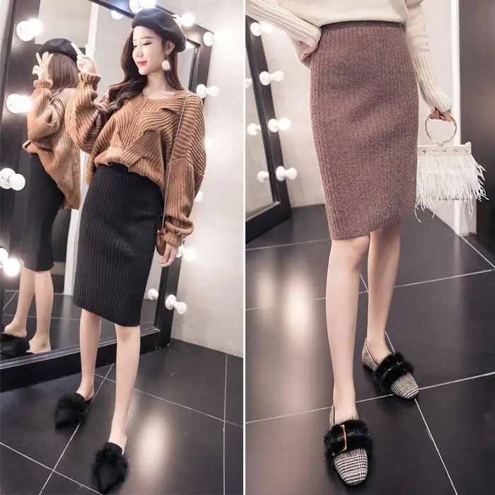 Новая Корейская осенне-зимняя трикотажная юбка с разрезом сзади | Женская одежда