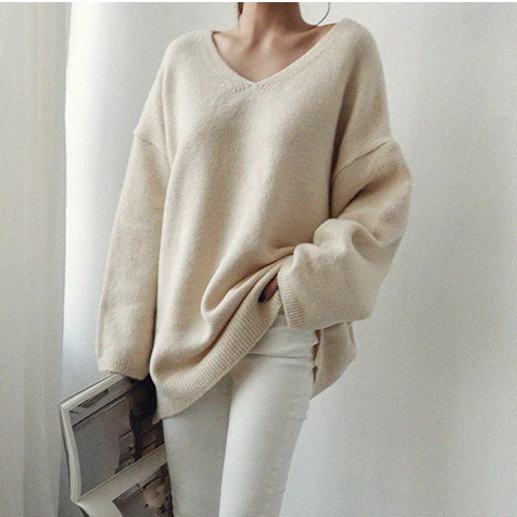 

Maihokan 2020 Autumn Winter V-Neck Casual Minimalist Korean Style Knitted Jumpers Women's Pullover Oversize Sweaters