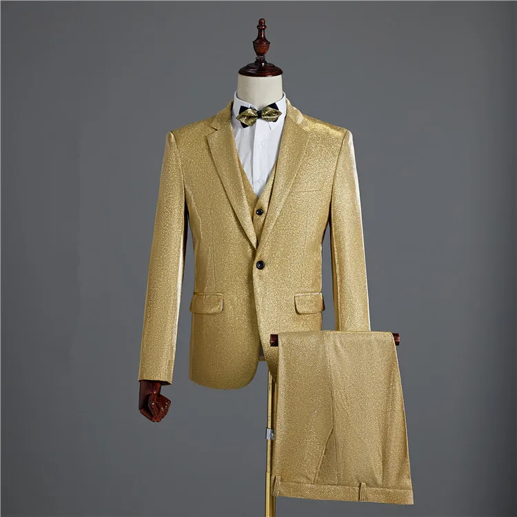 Gold Purple Blue Gray Bright Wire Blazers Formal Men's Suits (Jacket+Vest+Pants) Fashion Wedding Groom 3-Pieces Set Prom Suit | Мужская