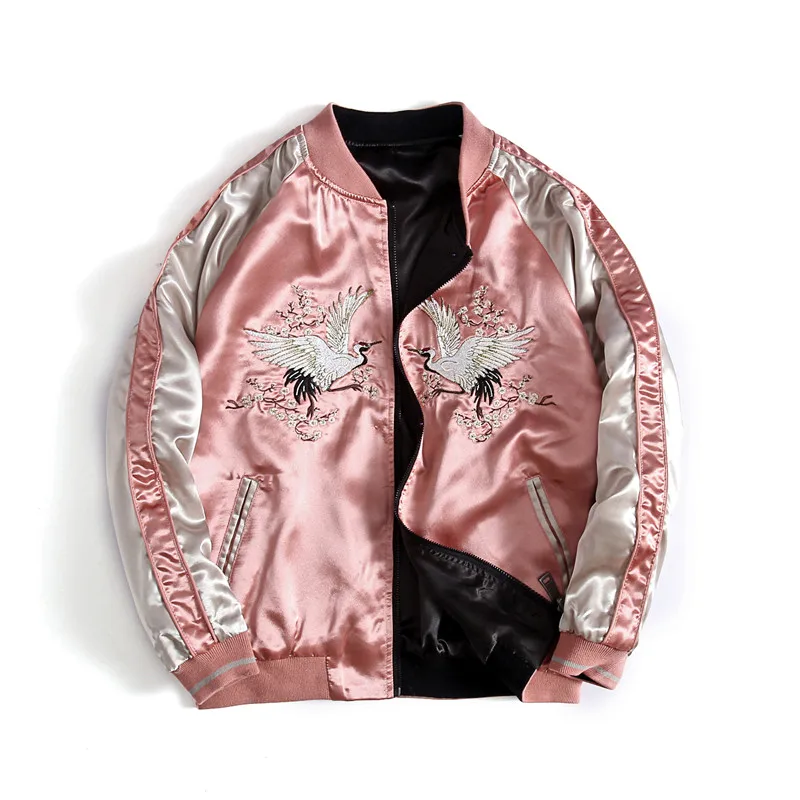 Куртка бомбер женская с вышивкой атласная бейсбольная верхняя одежда