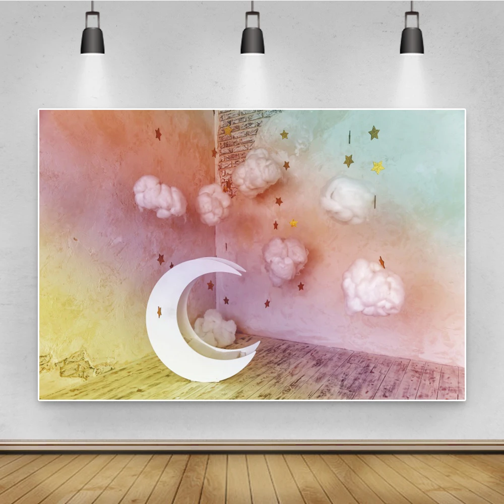 

Laeacco Baby Shower Photophone Brick Wall Moon Clouds Stars Rainbow Children Portrait Birthday Photography Backdrops Backgrounds