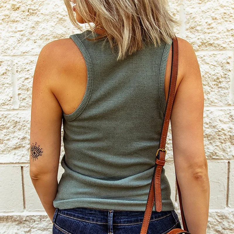 

Women's Knitted Vest New Summer Solid Color Breasted Slim U-Neck Fashion Outdoor Fitness Sports Ladies 2021 Semi-Opening Running