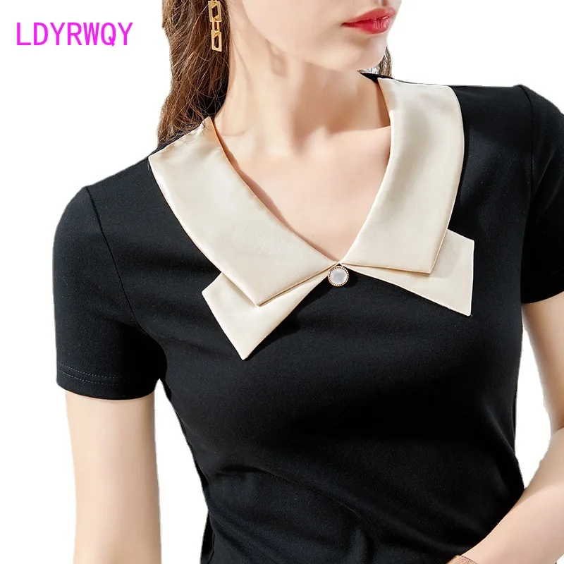

LDYRWQY Lapel Bowknot European and American New Style Stitching Short Sleeve Black Fashion Slim T-shirt