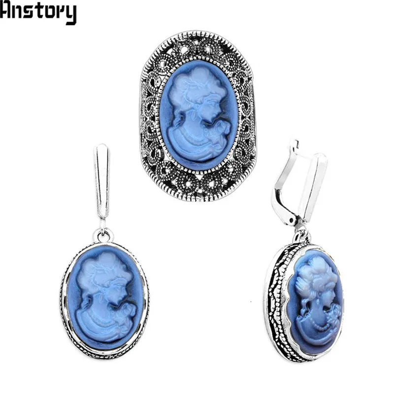 Lady Queen Cameo Jewelry Sets Vintage Necklace Earrings Ring For Women Flower Pendant Fashion Party Fashion Jewelry