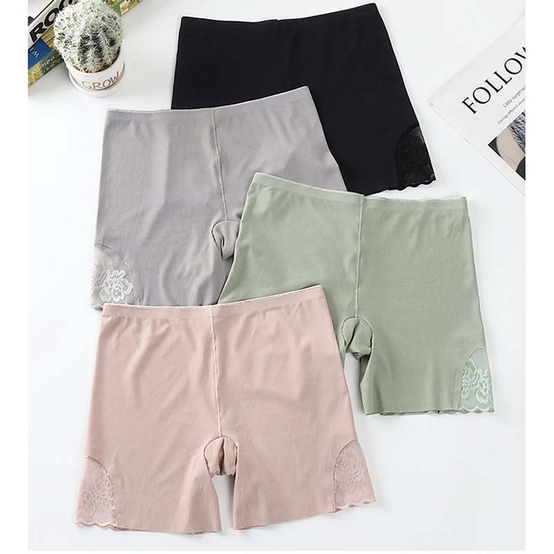 

Summer Underwear Ice Silk Seamless Women'S Cotton Crotch Boxer Briefs Ladies Four-Corner Lace Anti-Glare Thin Safety Pants New