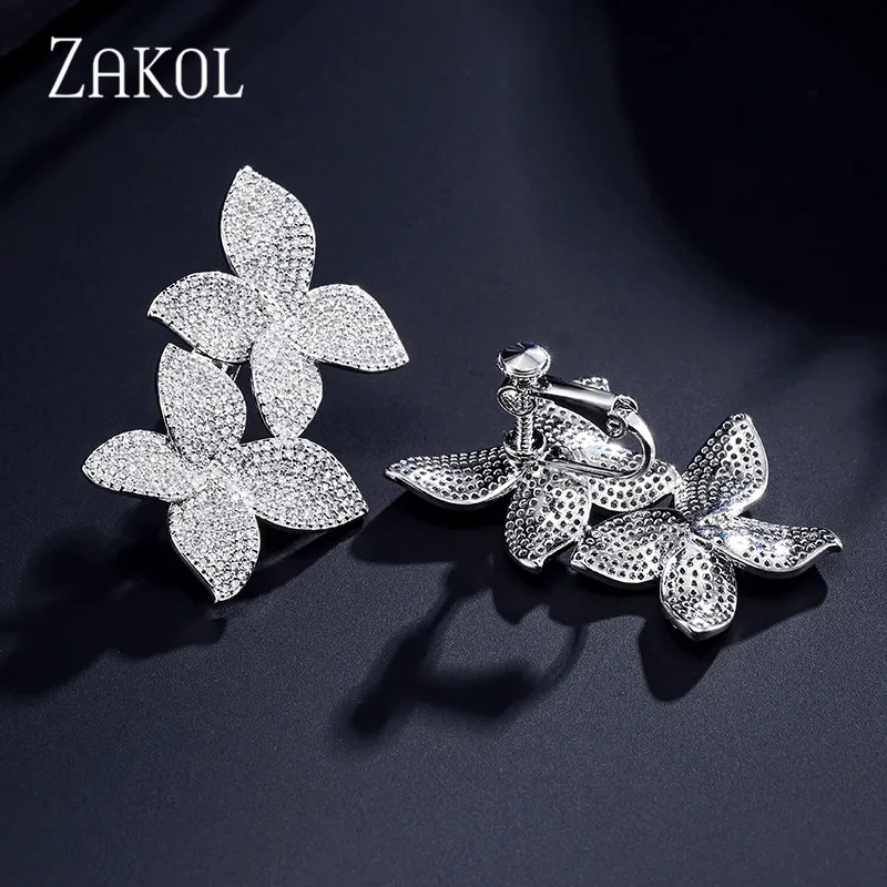 White Clip Earrings ZAKOL новые модные роскошные серьги-гвоздики с бабочкой AAA кубическим цирконием, с большим цветком, для женщин, вечерние, подарки FSEP2078 - Окраска металла: White Clip Earrings