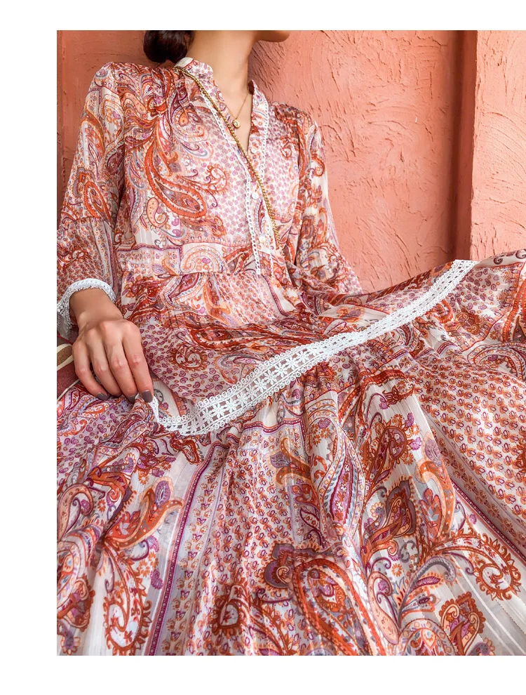 2020 Women Bohemian Style New Design V-neck Long Dresses Flare Sleeve Printing High Quality Holiday Clothing | Женская одежда