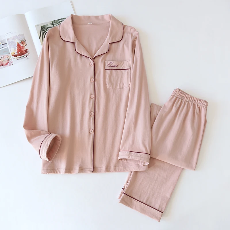 

2 Piece Couple Pajamas Set Four Season Long Sleeve Trouser Home Wear Pajamas Pure Cotton Sleepwear For Women Female Home Service
