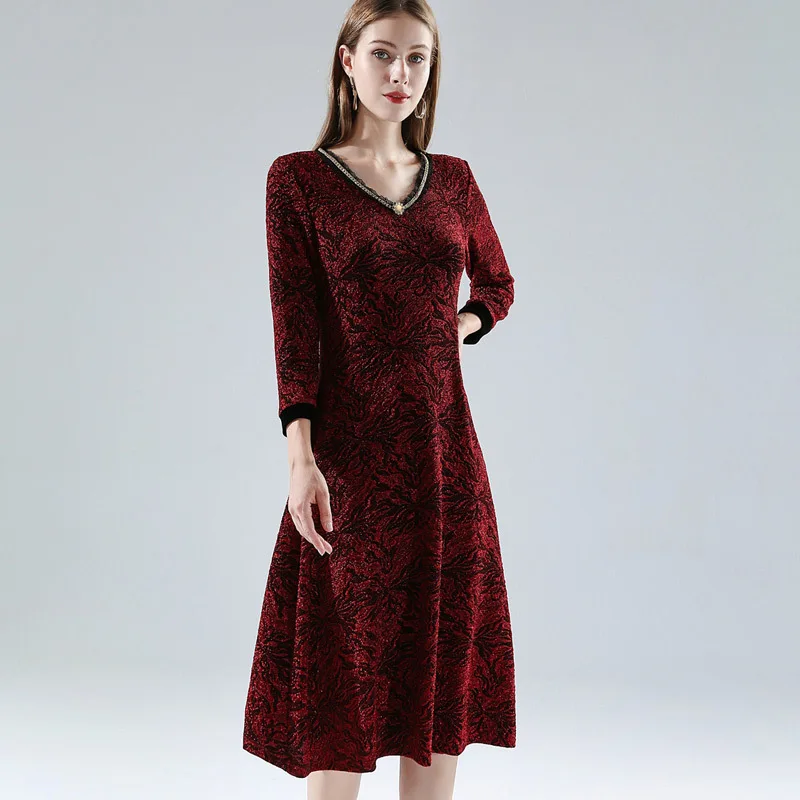 Женское платье 2020 осенне-зимняя одежда для женщин с v-образным вырезом люрексом