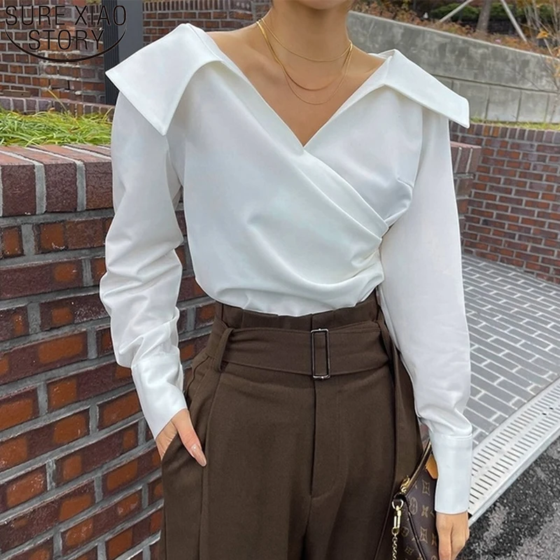

White Shirt Women Blouse Office Lady Long Sleeve Tops Korean Fashion 2022 Spring New Large V-neck Loose Clothes Blusas 18261