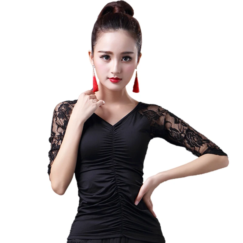 

New Latin Dance Shirt Lace V-neck Female Adult National Standard Ballroom Dance Costume Sexy Tops Performance Practice Clothing