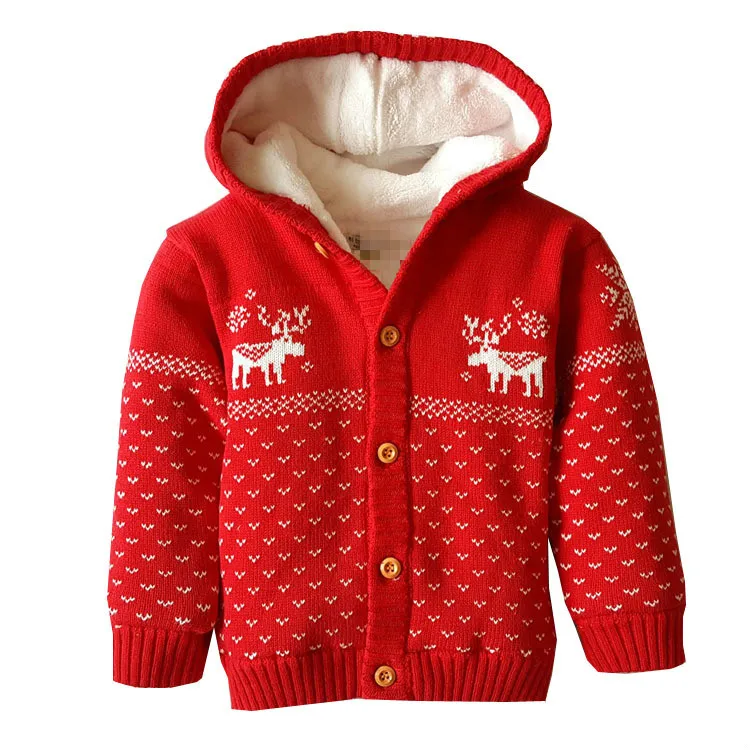 

Baby Boys Winter Coat Girls Knit Thicken Sweaters Toddler Clothes Cartoon Christmas Deer Sweater Hooded Cardigan