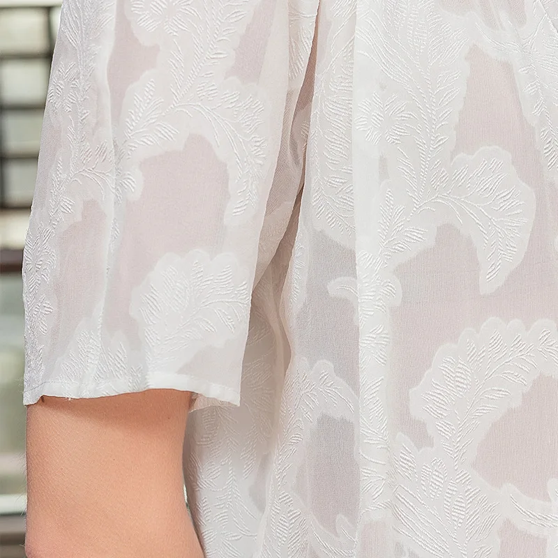 

VOA Pure White Silk Georgette Perspective Woven Round Neck Elastic Wood Ear Shoulder Short Sleeve Loose T Unlimited Body B9537