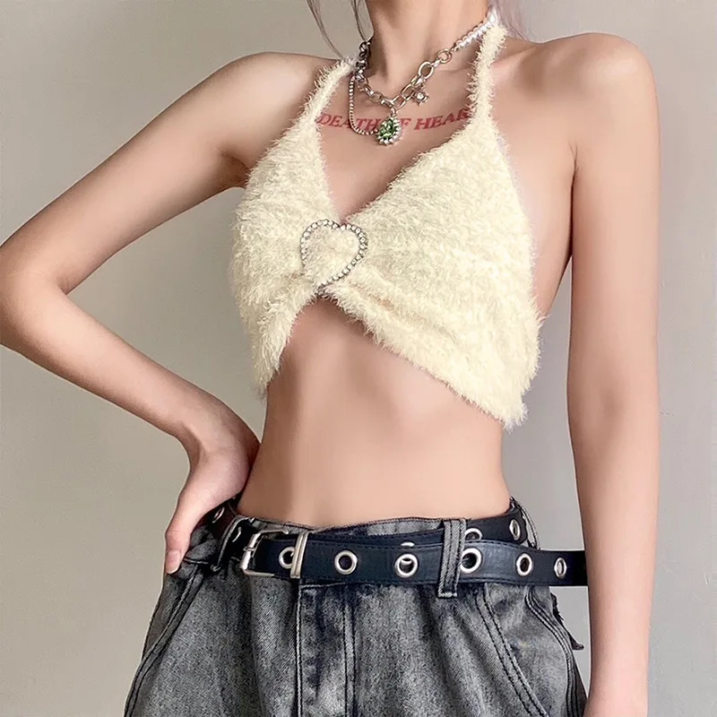 

Summer Women Street Tank Tops Sexy Pure Color Diamond Buckle Hanging Neck Halter Wrapped Chest Female Casual Fashion 2021 New
