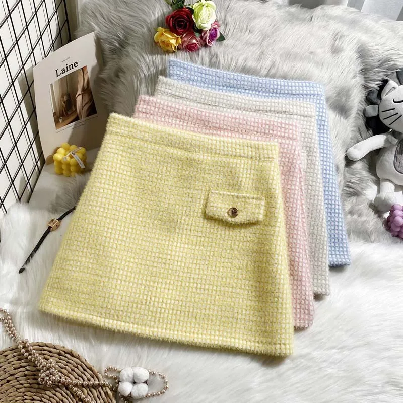 

Tweed Skirts for Women Solid High Waist Slimming Skirts Autumn Spring 2020 Buttons Double Breasted Tweed Wool Mini Skirt