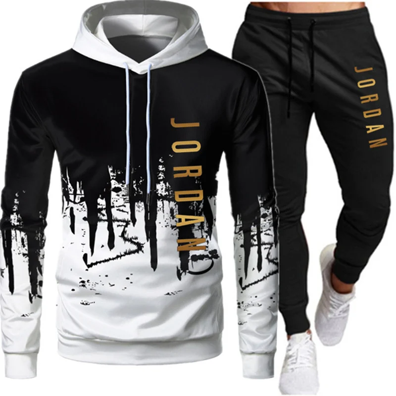 

2021 Thin Casual Men Sets Clothing Fashion Tracksuit Sportsuit Hoodies Sportswear Hooded Sweatshirt+Pant Pullover Two Piece Set