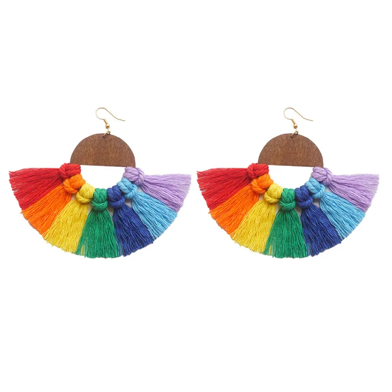 

ZWPON Rainbow Macrame LGBT Pride Tassel Fan Fringe Dangle Drop Wood Earrings for Women BOHO Style Trendy Jewelry
