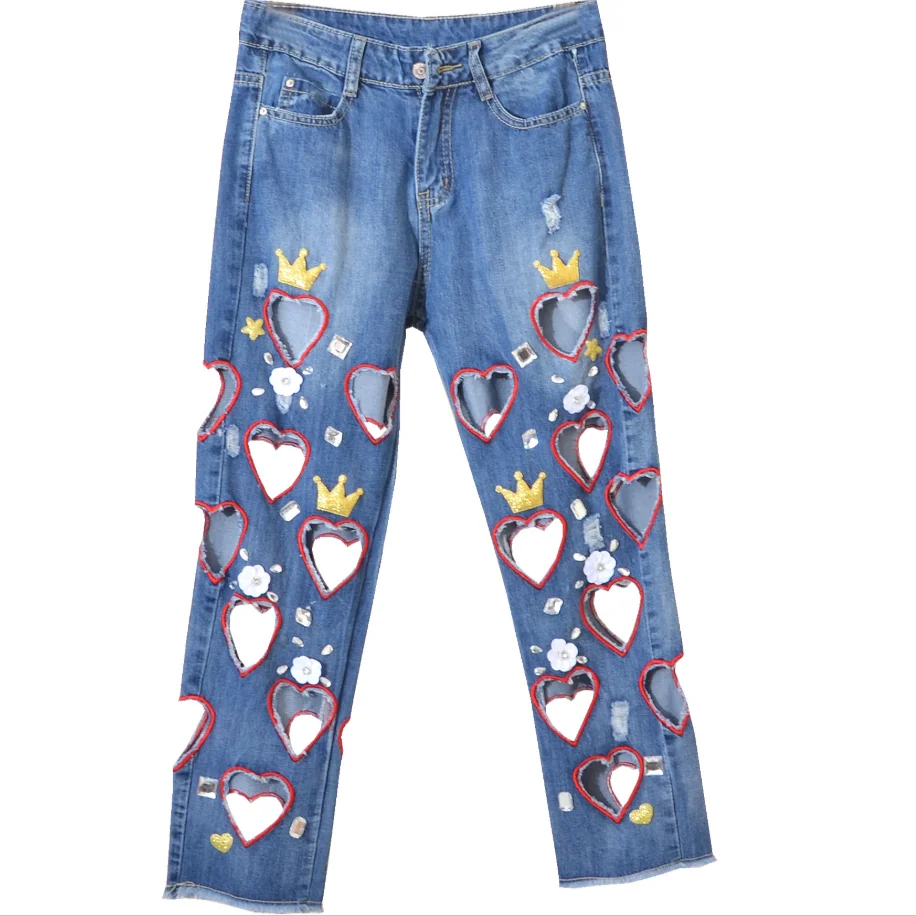 Весенне-летние женские джинсы с вышивкой в виде сердечек модные брюки блестками