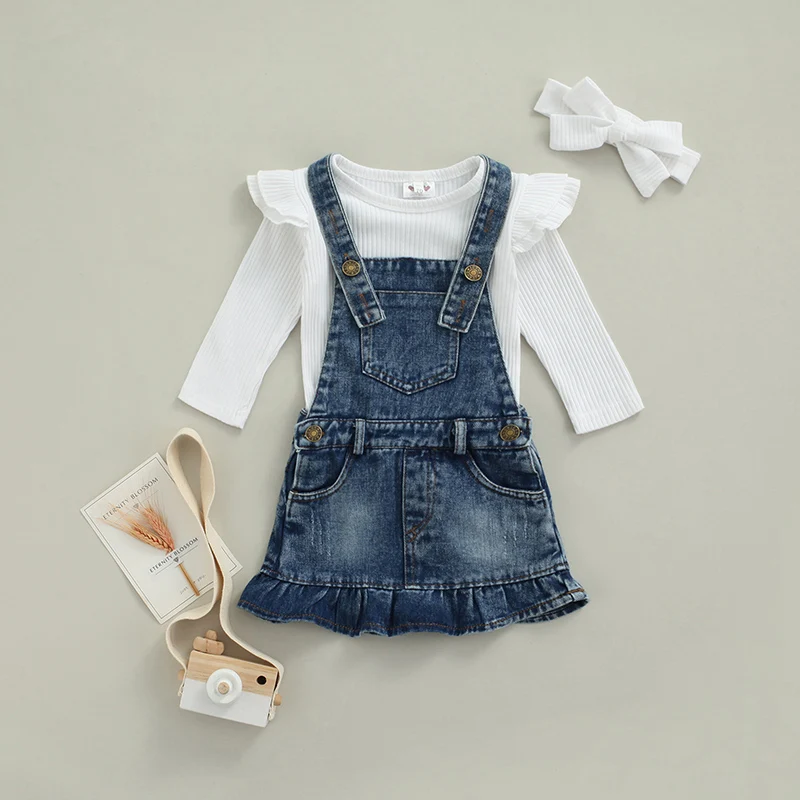 

0-24 months Baby Solid Color Clothes Set, Long Sleeve O-neck Ribbed Romper with Ruffles+Short Denim Suspender Skirt