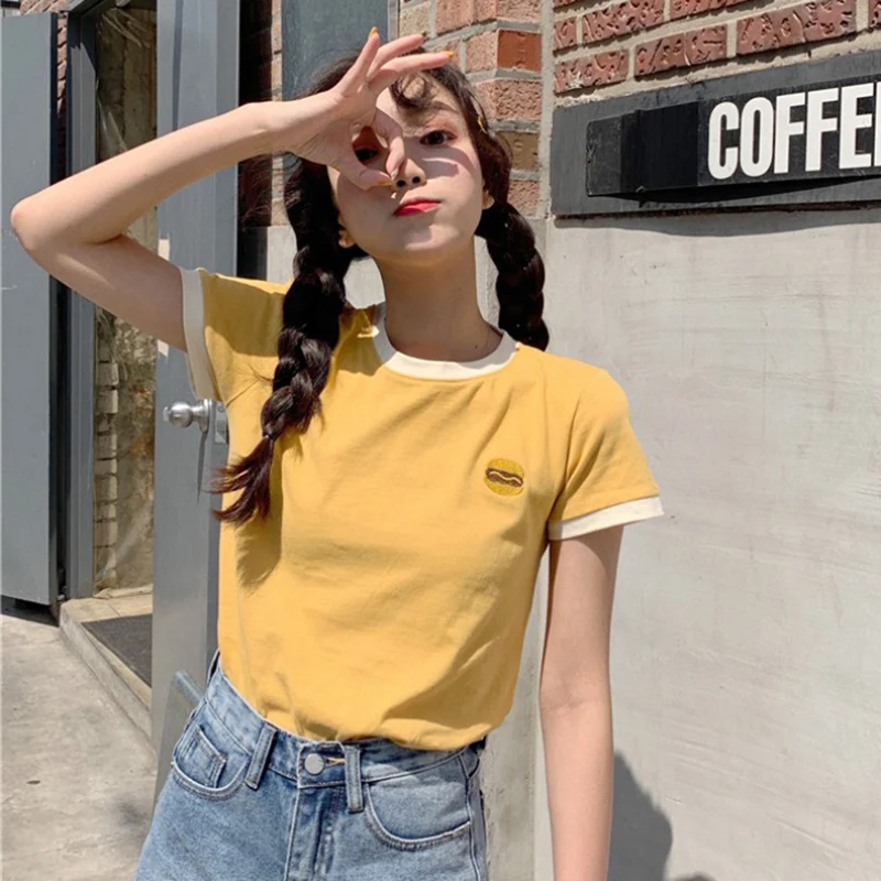 

Summer New Female Slim White Hamburger Embroidery Tshirt Women Short Sleeve O-Neck T-shirt Student Ins Tide Fashion Short Top