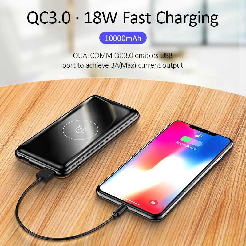 USAMS QI беспроводной внешний аккумулятор 10000 мАч QC3.0 PD 18 Вт Быстрая зарядка