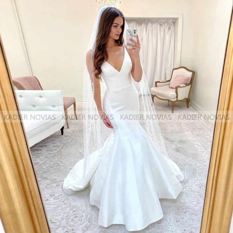 

KADIER NOVIAS Long Cheap V Neck White Mermaid Wedding Dresses 2021 Plus Size Formal Bridal Gowns Robe De Soiree De Mariage