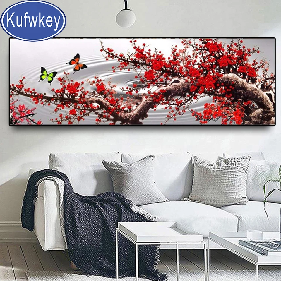 

Red Flower Tree Plum Blossom Butterfly Painting Diamond Art Full Drill Square/Round 5D Diamond Painting Mosaic Wall Decor,