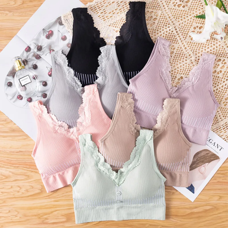 

V Shape Wide Shoulders Strap Bralette Lace Spring Summer Simple Comfortable Solid With Chest Pad Bra For Women's Underwear Top