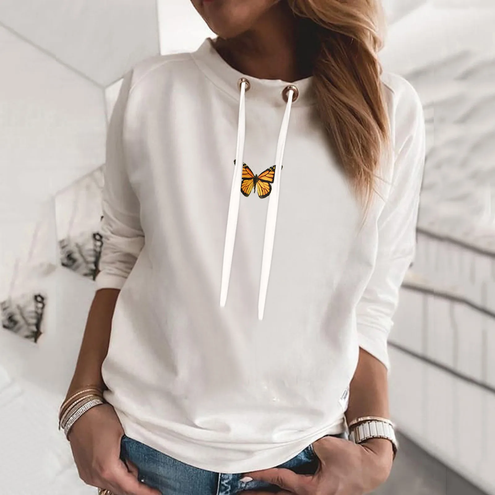 Толстовка женская оверсайз Модный повседневный свитшот с цветным кулиской