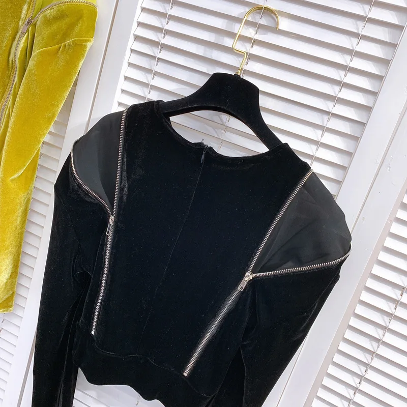 

2021 Spring Autumn Female Tops New Crew Neck Spun Yarn Double Zipper Pullover Velour T-shirt Women Short Shirt Vestido De Mujer