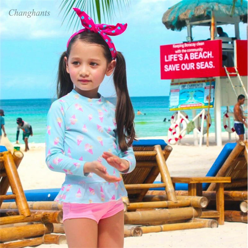 

2-13 Y Girls Two Pieces Swimwear Pink Light Blue Kids Rash Guard Children Surfing Suit Teen Swimpool Wear Long Sleeve Swimsuit