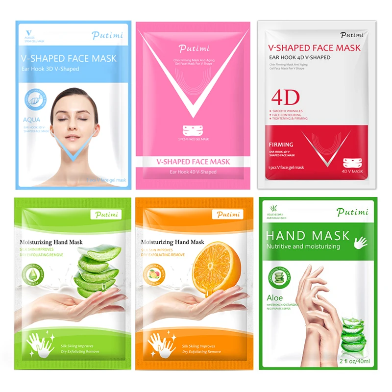 

2packs Lift Up V Face Chin Masks Lifting Firming Slimming Cheek Face Neck Peel-off Masks Moisturizing Hand Mask Patch Spa Gloves