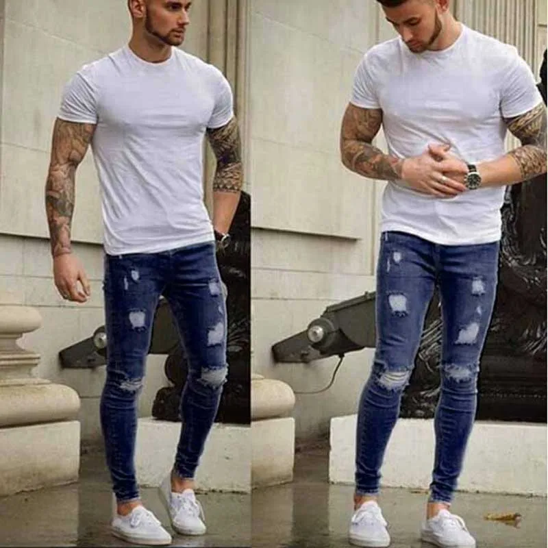 

2021 2020 Fashion Casual Ripped hole pantalon homme Distressed Skinny jeans men denim hip hop Cowboy cargo pencil pants