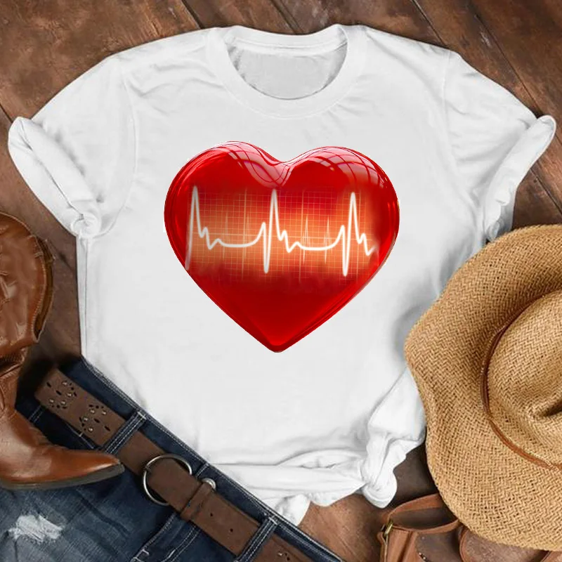 

Women Lady Ladies Girl Love Cute Simple Heartbeat 90s Fashion Shirt Clothes Tshirt Female Print T Tee Womens Top Graphic T-shirt